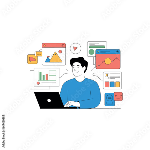 Man working on laptop surrounded by data visualization elements and app windows vector