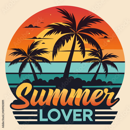 Wallpaper Mural Vintage tropical sunset vector design with bold 'Summer Lover' text, palm trees silhouette, ocean waves, and vibrant retro colors – perfect for t-shirt prints, summer beach posters, travel graphics, a Torontodigital.ca