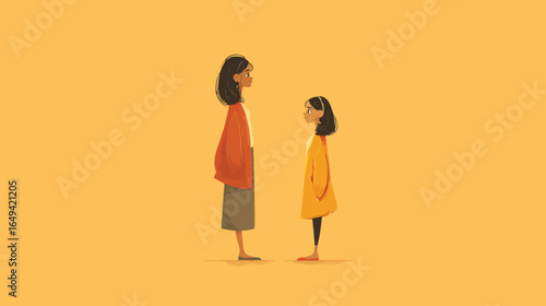 Stylized Illustration of Standing Mother and Daughter Conversation Family Scene