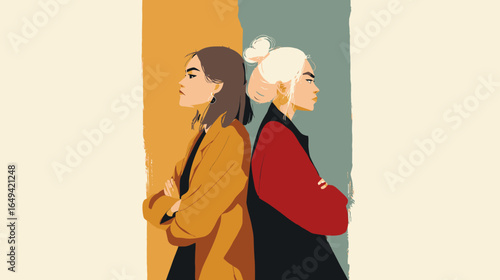 Stylish Flat Two Women Back to Back in Conflict Illustration