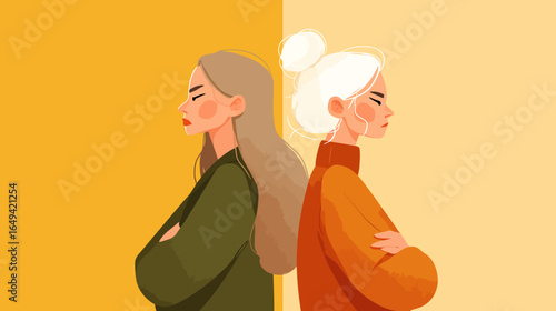 Flat Illustration of Two Unhappy Woman Standing Back to Back Conflict