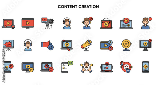 Content creator icon set. Video editing, content strategy, youtuber, blogger, monetization, podcast, live streaming, social network, subscribe and more. Solid vector icons collection minimal

