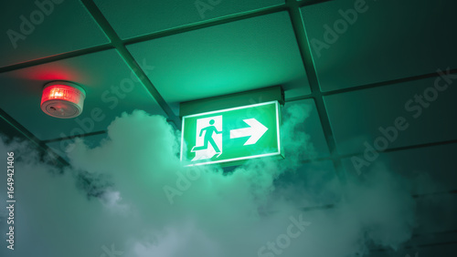 Bright green exit sign illuminated in smoky environment, indicating clear path to safety. atmosphere feels urgent and dramatic