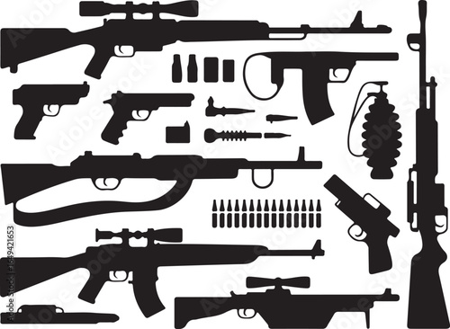 Collection of Silhouetted Firearms and Ammunition on White Background rifle shotgun