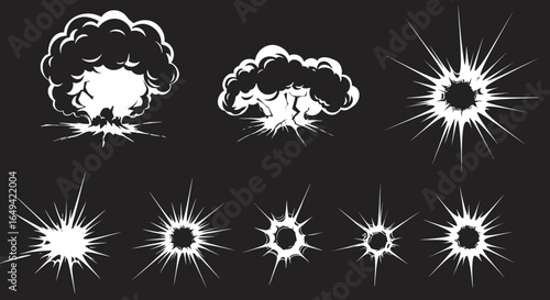 Explosion, crack, and bullet hole silhouettes in vector style. Damaged glass, shattered impact, and burst effects ideal for comic books, gaming, digital art, and action theme graphic design projects
