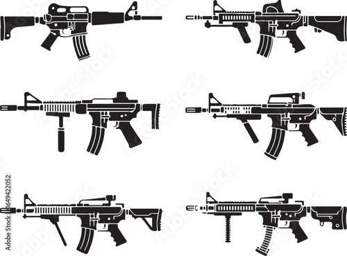 Six silhouettes of modern assault rifles on white background Keywords: assault rifle, firearm, weapon