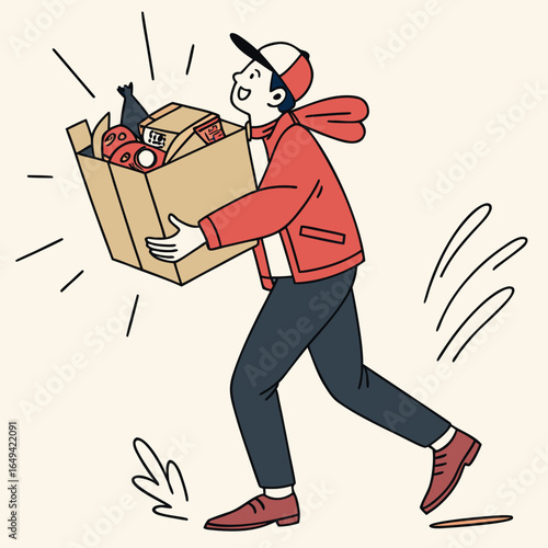 Man carrying a large box of groceries running quickly