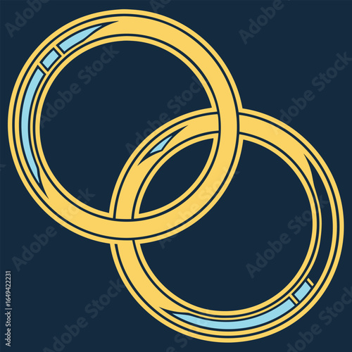 Two interlocking gold wedding bands with blue inlays on dark background