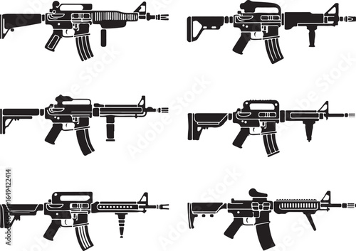 Six silhouettes of modern assault rifles on white background Keywords: assault rifle, firearm, weapon