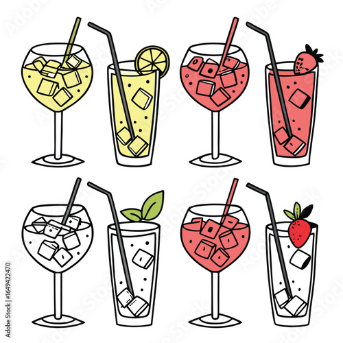 Colorful illustration of various cocktails with ice and straws in glasses