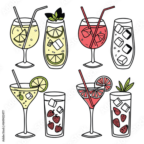 Colorful illustration of various cocktails and drinks with straws and garnishes