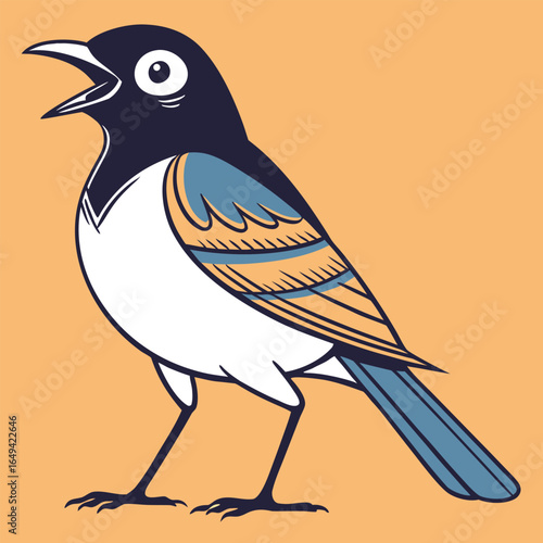 A colorful cartoon bird with a black head and vibrant wings standing alone