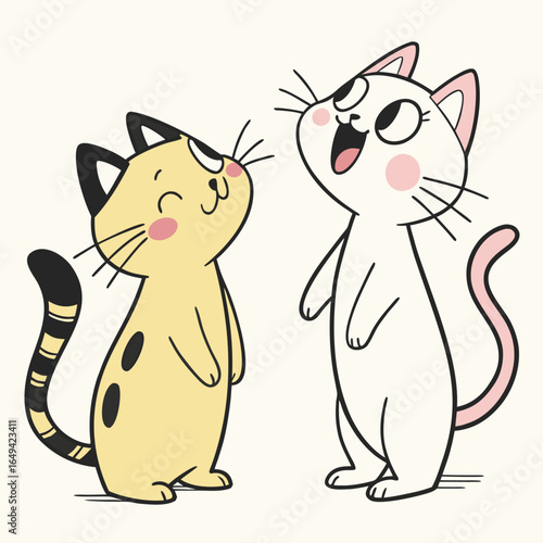 Two cartoon cats talking and smiling at each other