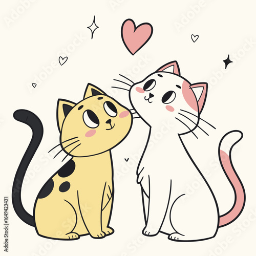 Two cute cartoon cats showing affection with hearts around them