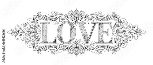 Love Word with Ornate Frame Hand Drawn Vector Illustration. Elegant Vintage Ornamental Love Typography 