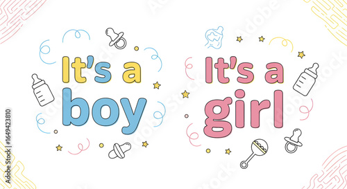 It's a boy, It's a girl, newborn baby gender reveal ,vector graphic elements with text in pink, yellow and blue color tones and cute minimal linear graphic elements in the background
