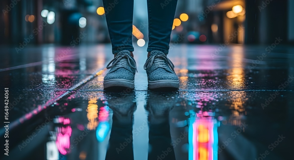 Fototapeta premium person standing wet street city lights reflections