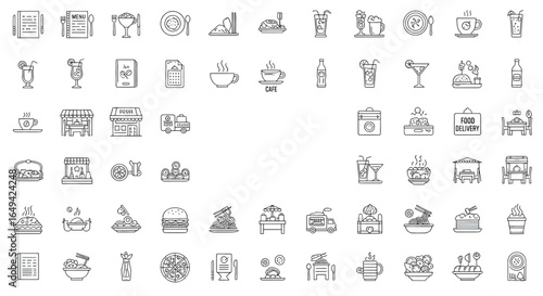 Restaurant and food service icon set. Thin line editable stroke icons for menus, meals, dining, drinks, cafes, bars, delivery, culinary branding, types of food and restaurants
