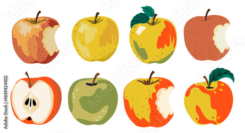 Fresh apple fruit set. Yellow, red and green apple, whole, cut, bite fruits collection. Healthy sweet vitamin summer food. Natural eating. Flat vector illustration isolated on transparent background