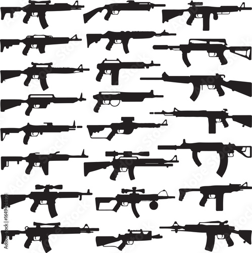 Assortment of automatic and semi-automatic rifle silhouettes on white background firearm weapon