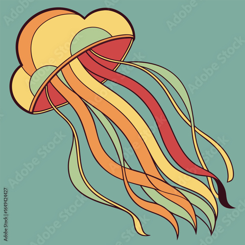 Colorful illustration of a jellyfish with long tentacles swimming in water