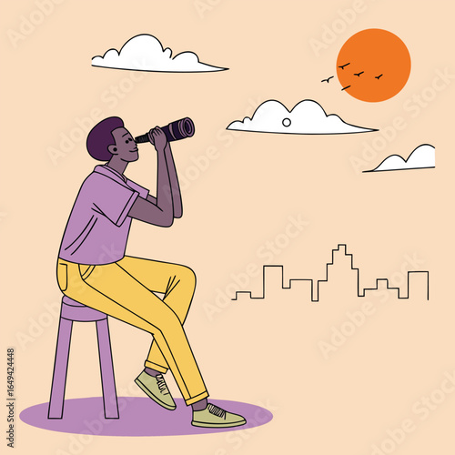 Man sitting on stool looking through binoculars at sunny sky with clouds