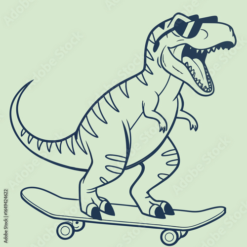 A cartoon dinosaur wearing sunglasses rides a skateboard with a big smile