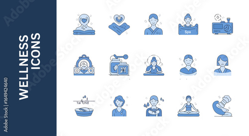 wellness icons. icons include symbols for wellness, relaxation, yoga, health, exercise, spa, wellbeing, gratitude, balanced and more