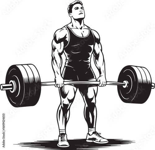 Muscular man in tank top and shorts preparing to lift a barbell on white background fitness strength