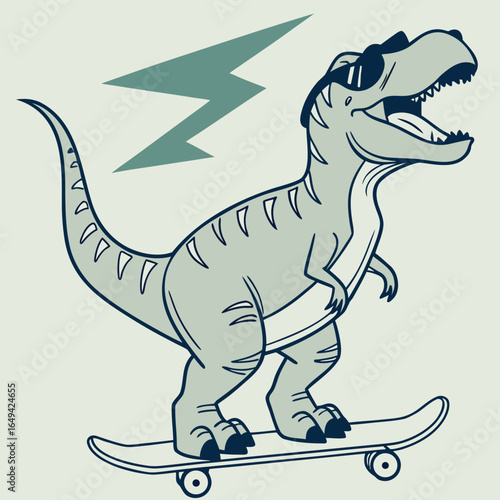 A cartoon dinosaur riding a skateboard with sunglasses on its face