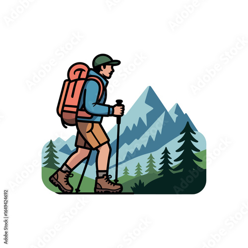 Man hiking with backpack and poles through mountains and trees trekker backpacker
