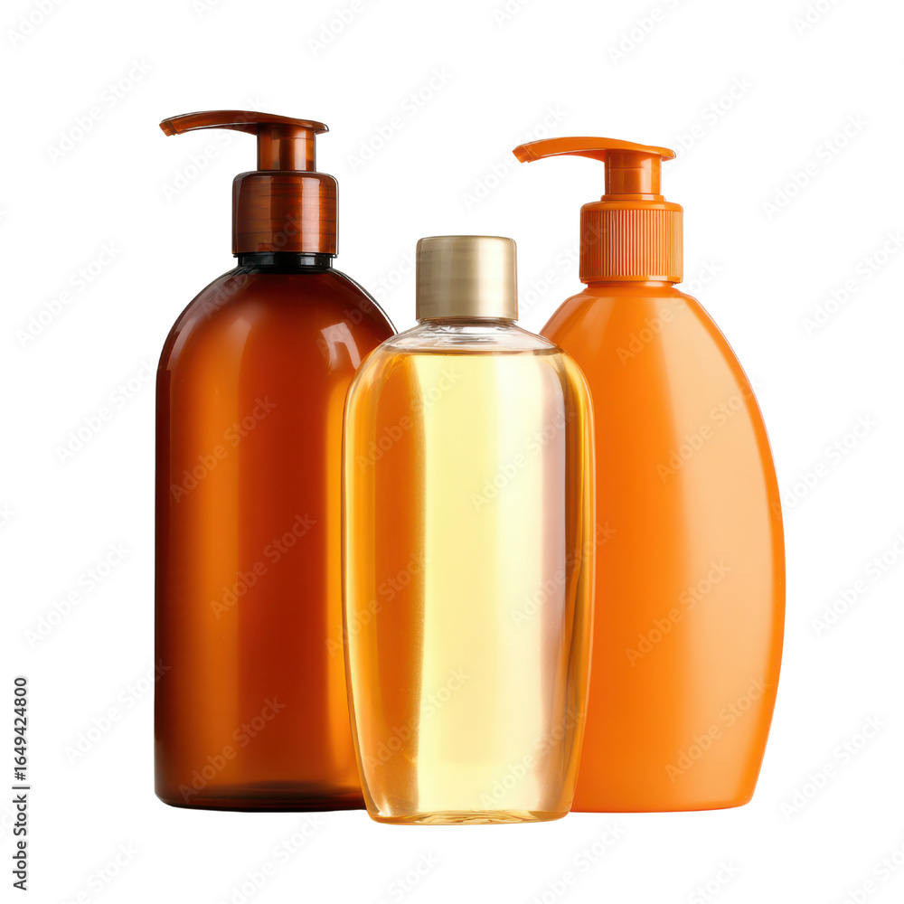 Three Assorted Amber and Orange Plastic Pump Bottles on White Background dispenser, Isolated On White, Png Transparent, Cut Out Three Assorted Amber and Orange Plastic Pump Bottles on White Background dispenser, Isolated On White, Png Transparent, Cut Out