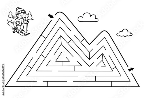 Mountain maze activity sheet for children. Cute ski maze for kids. Kids labyrinth puzzle. Black and white maze puzzle game for children.	