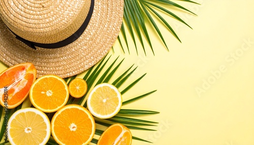Tropical Summer Composition with Straw Hat, Orange and Lemon Slices, Palm Leaves on Yellow Background – Fresh Citrus and Travel Concept