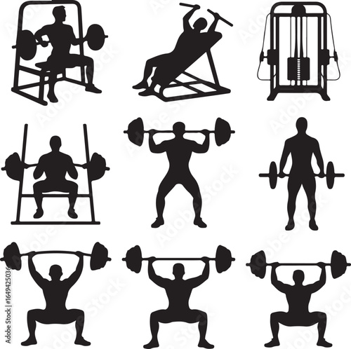 Collection of fitness silhouettes exercising with weights and gym equipment workout exercise