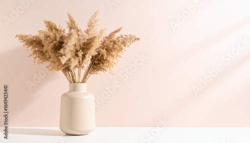 Minimalist home decor concept featuring a bouquet of dried pampas grass in a beige ceramic vase against a pastel wall with gentle sunlight.