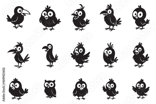 Set of cute cartoon bird characters. Funny black silhouette vector icons of birds, crows, and owls for mascot or logo design