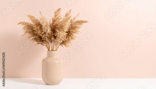 Elegant Pampas Grass Arrangement in a Beige Vase Against a Soft Pink Background Minimalist Decor