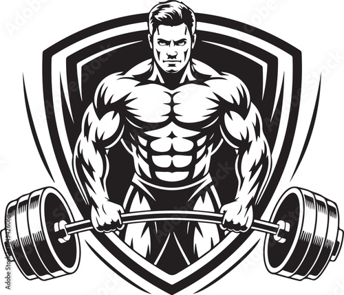 Muscular man holding barbell with shield and dumbbells on white background Keywords: man, muscular