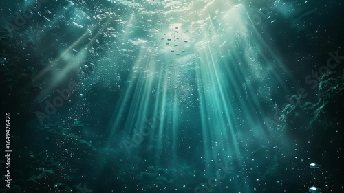 Tranquil Ocean Water Sunlight Beams Illuminate Serene Underwater Scene with Bubbles and Glow