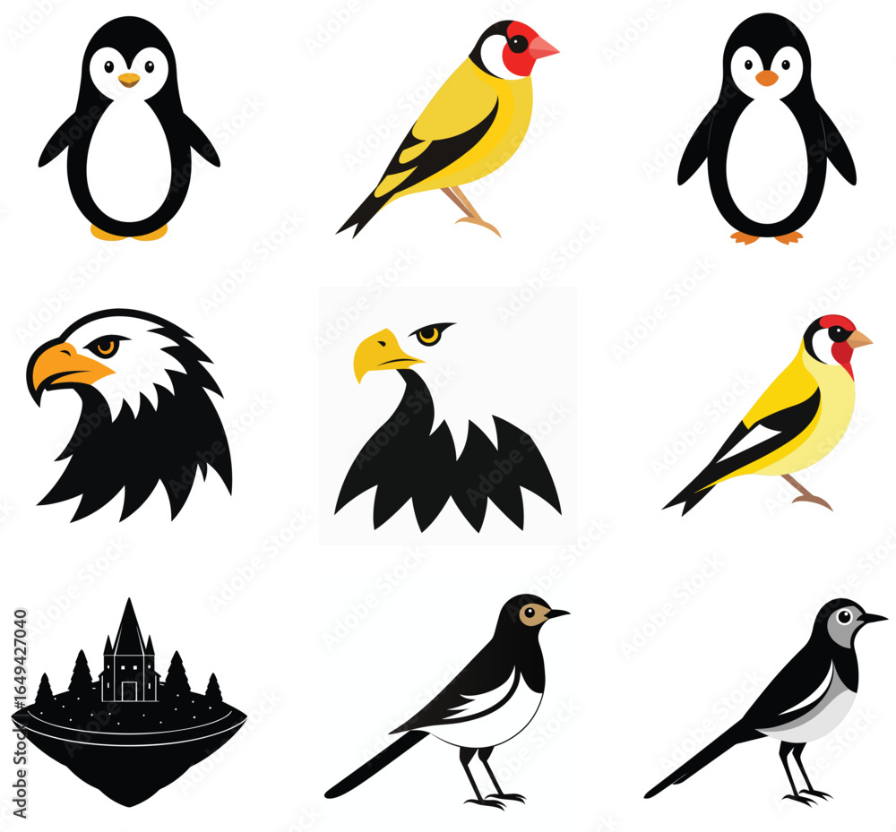Obraz premium A cartoon collection of cute and funny birds, including a penguin, sparrow, duck, and owl, as a vector illustration set
