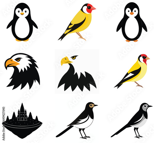 A cartoon collection of cute and funny birds, including a penguin, sparrow, duck, and owl, as a vector illustration set