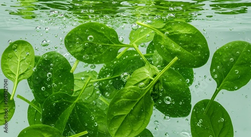 Baby spinach leaves floating underwater with bubbles and water droplets, fresh organic greens being cleaned for healthy meal preparation