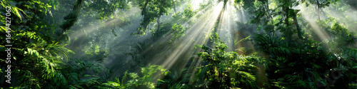 Ethereal sunlight beams through lush jungle canopy rainforest scene nature photography serene atmosphere