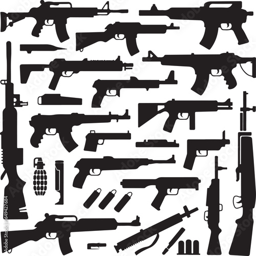Silhouette Collection of Various Firearms and Ammunition guns weapons