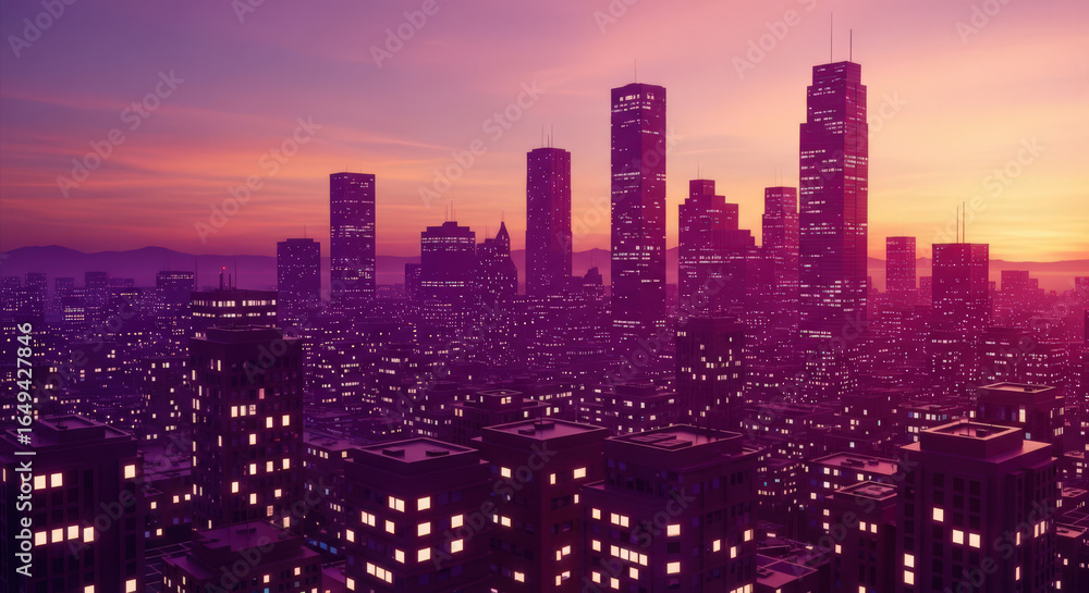 Fototapeta premium A Stunning Aerial View of a Modern Cityscape Bathed in the Warm Hues of a Sunset Sky with Towering Skyscrapers and Illuminated Buildings