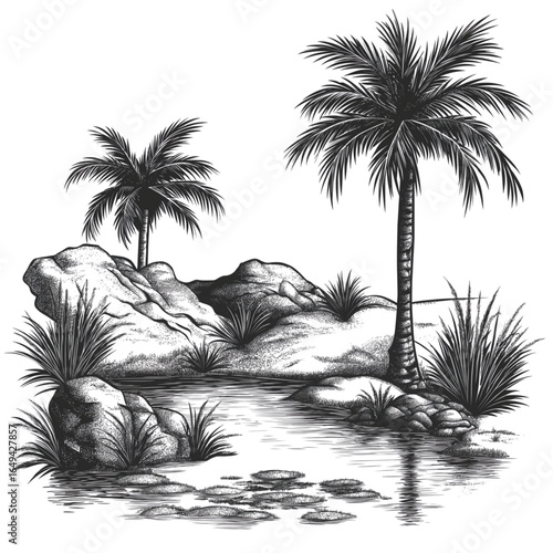 Monochrome illustration of an oasis landscape with water pond and palm trees. Palm Trees and Water Pond Sketch Vector.