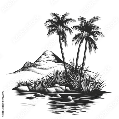 Monochrome illustration of an oasis landscape with water pond and palm trees. Palm Trees and Water Pond Sketch Vector.