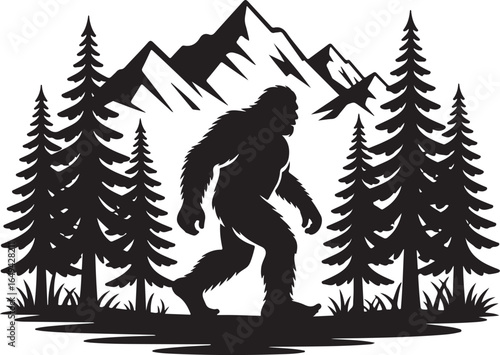Bigfoot explores forest with mountains and trees silhouette