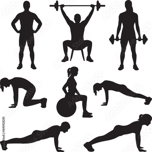 Silhouette fitness exercises man woman weightlifting yoga ball plank on white background workout